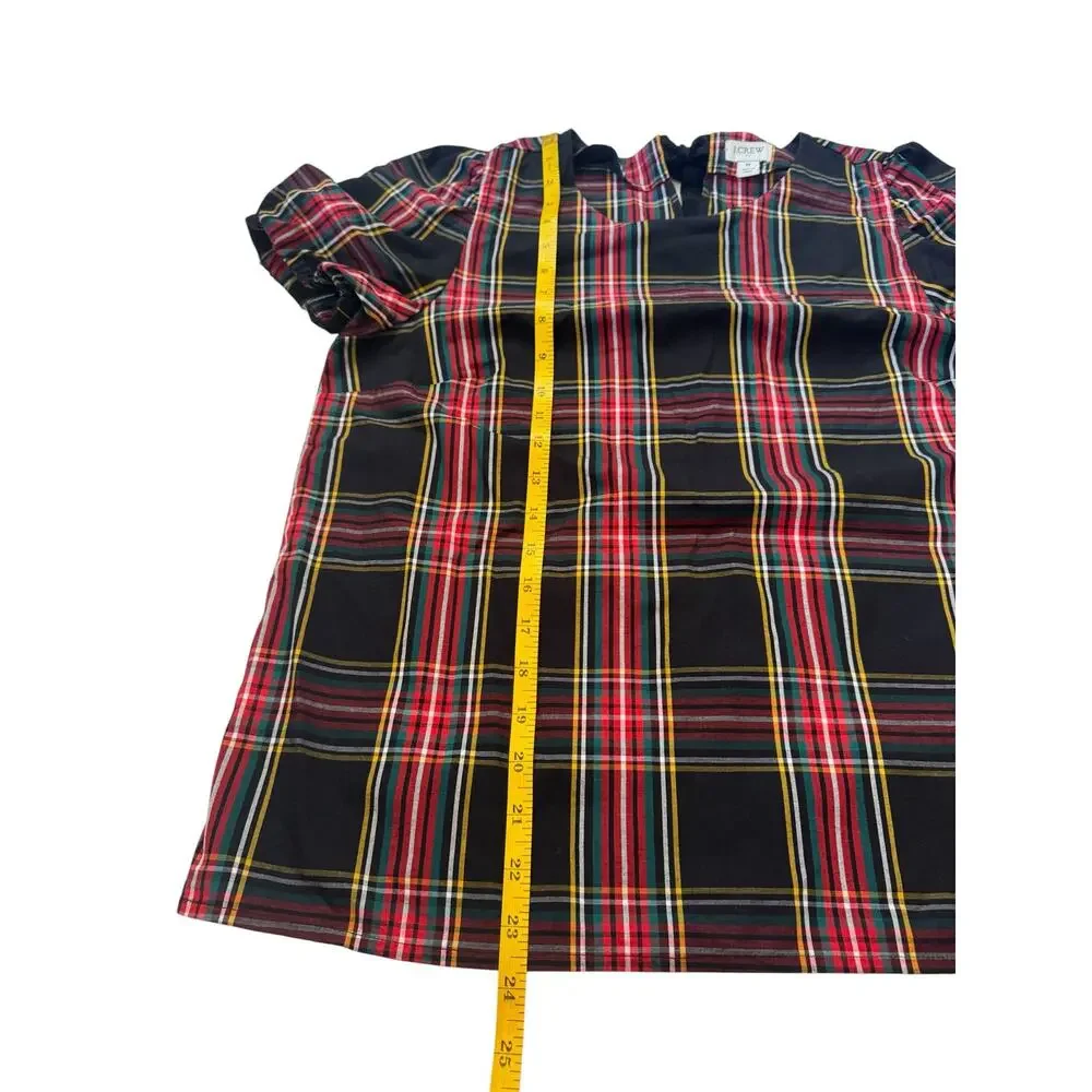 J.CREW Tartan Plaid Poplin Puff Sleeve Top Size Medium Red Black Green Yellow
